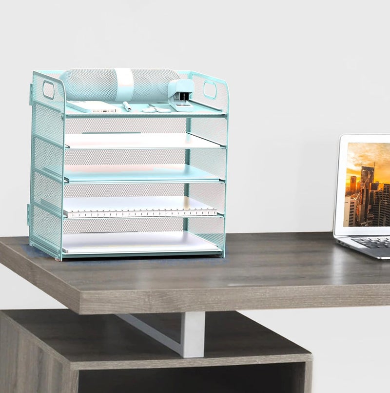 Sinboun Letter Tray Paper Organizer 5-Tier Desk Organizer File Organizer Paper Holder with Handle, Metal Desktop Document Shelf Tray Office Classroom Organization - Blue - Image 5